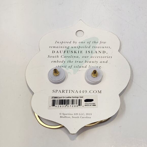 Spartina Spot On Leather 18k Brushed Gold Plated Earrings Dangle Post Round New - Picture 3 of 5